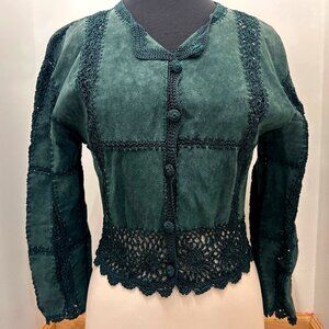 Unique Designer Leather & Lace Patchwork Crop Button-up Top